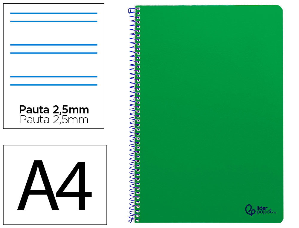 CUADERNO ESPIRAL LIDERPAPEL A4 SMART TAPA BLANDA 80H 75GR PAUTA 2,5MM CON MARGEN COLOR VERDE