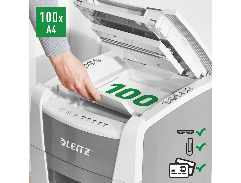 DESTRUCTORA DE DOCUMENTOS LEITZ IQ AUTO+ 100 CAPACIDAD DE CORTE 100 HOJAS DESTRUYE GRAPAS Y CLIPS