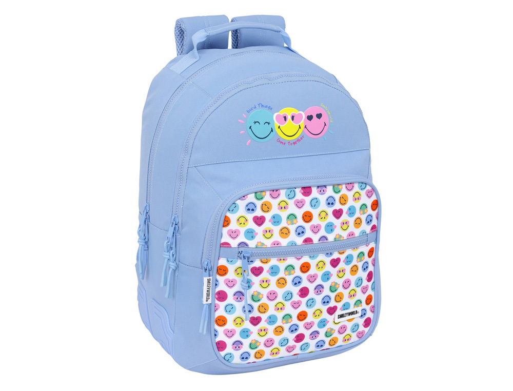 MOCHILA SAFTA DOBLE CON CANTONERAS ADAPTABLE A CARRO RECICLADO SMILEY WORLD JOYFUL 420X320X150 MM