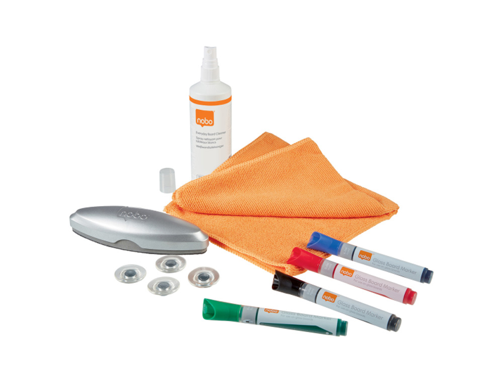 KIT NOBO INICIACION PARA PIZARRA CRISTAL INCLUYE 1 BORRADOR 4 IMANES 4 ROTULADORES Y PRODUCTOS DE