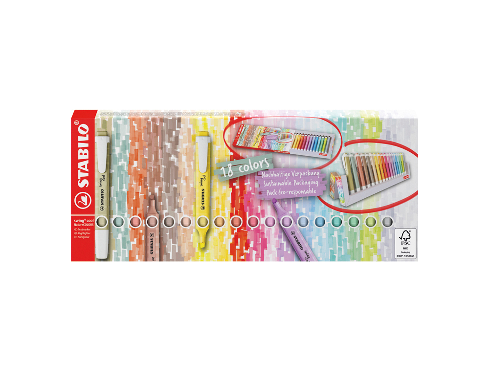 ROTULADOR STABILO FLUORESCENTE SWING COOL NATURE COLORS ESTUCHE DE 18 UNIDADES COLORES SURTIDOS