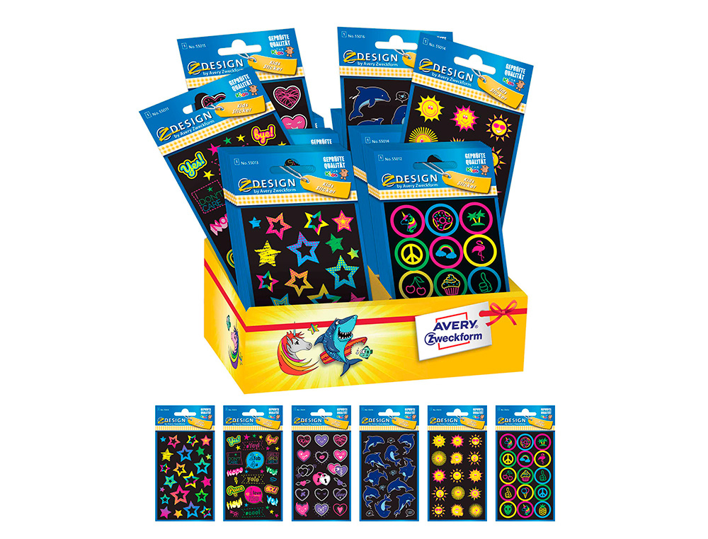 PEGATINAS AVERY NEON 6 MODELOS DIFERENTES EXPOSITOR DE 60 BLISTER SURTIDOS