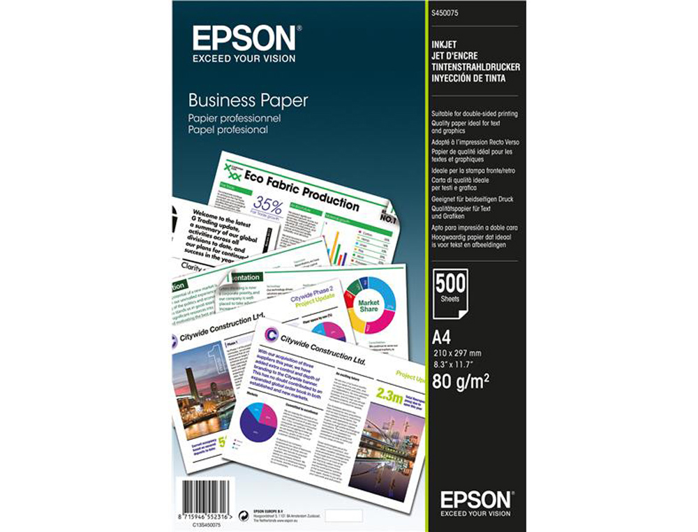 PAPEL EPSON BUSINESS BRILLO PARA INK-JET A4 80 GR PAQUETE DE 500 HOJAS