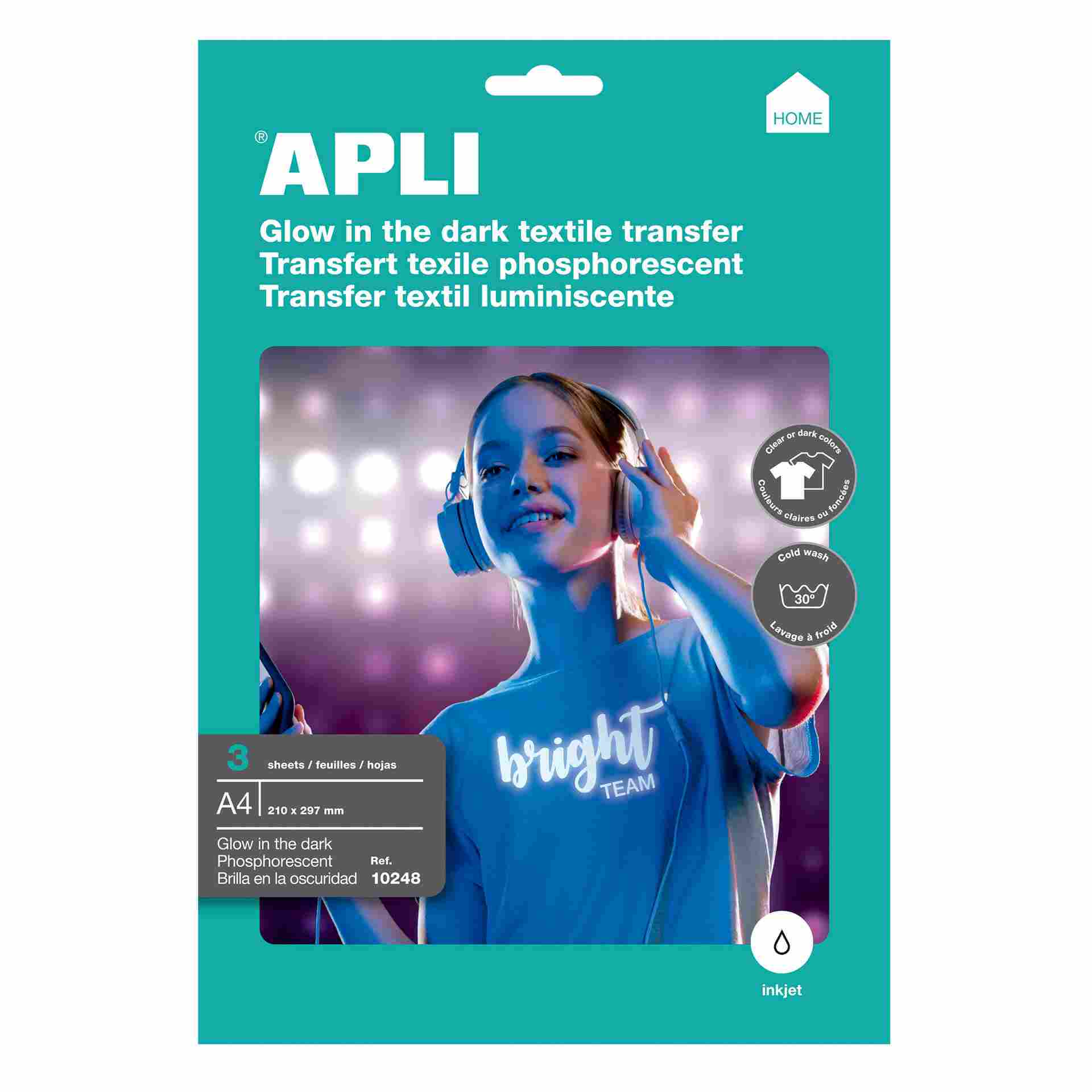 Papel transfer APLI brilla en la oscuridad, inkjet fotogrfico, 3 hojas