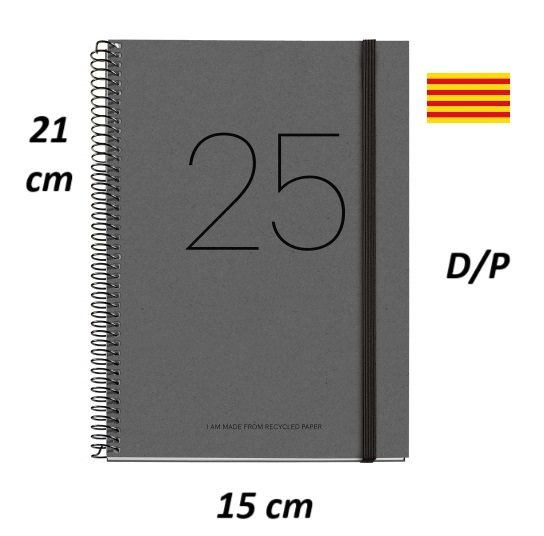 Agenda 2025 Miquelrius RECYCLED espiral tapa dura con goma PLUS 155x213 D/P NEGRA cataln