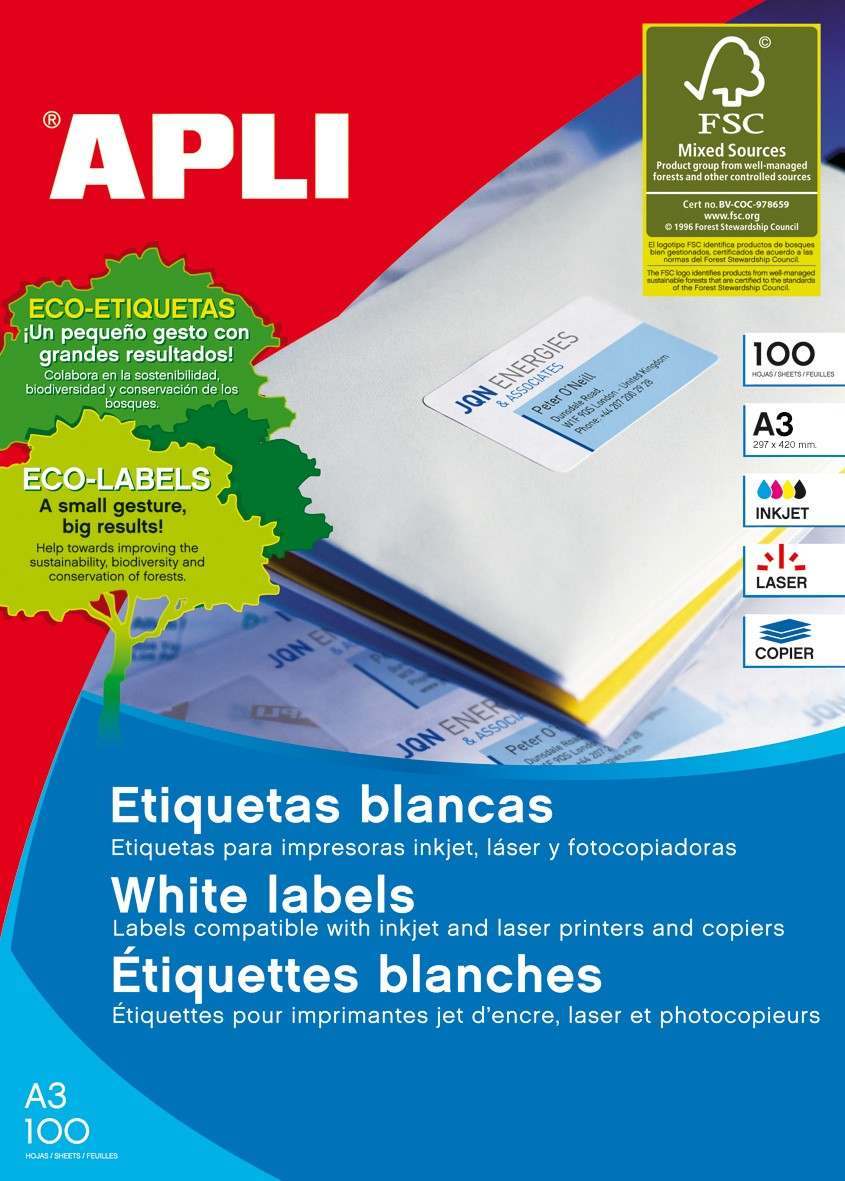 Etiquetas Apli blancas permanentes 297 x 420 mm (A3) 100 hojas